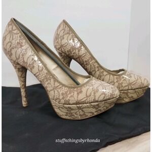 JUST FABULOUS ~ Gia ~ Stiletto Platform Heels Beige & Tan Lace Print US 9 /EU 40